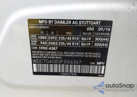 2015 Mercedes-Benz Gla 250 4Matic from USA, damaged, VIN WDCTG4GB3FJ066367